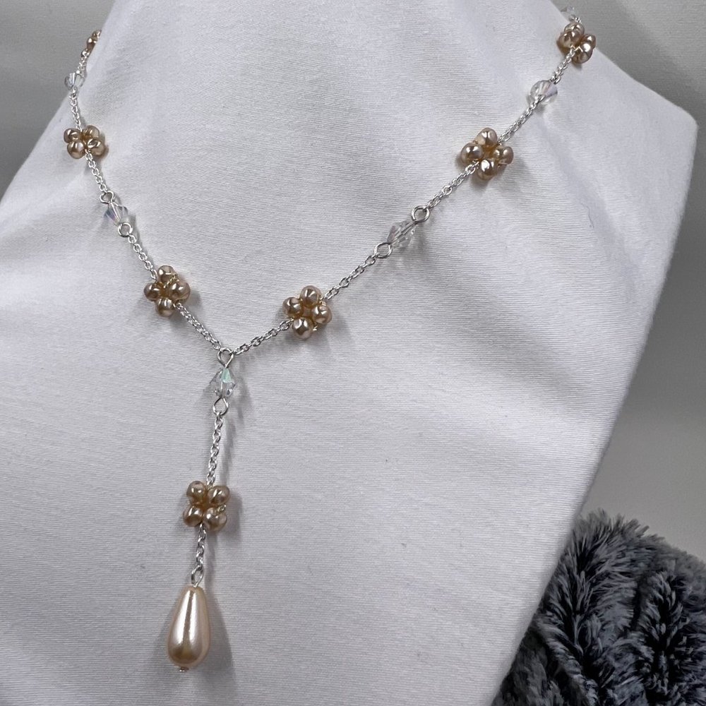 Silver Toned 16” Y Chain Necklace with Pearl Clusters and Crystals - Picture 2 of 6